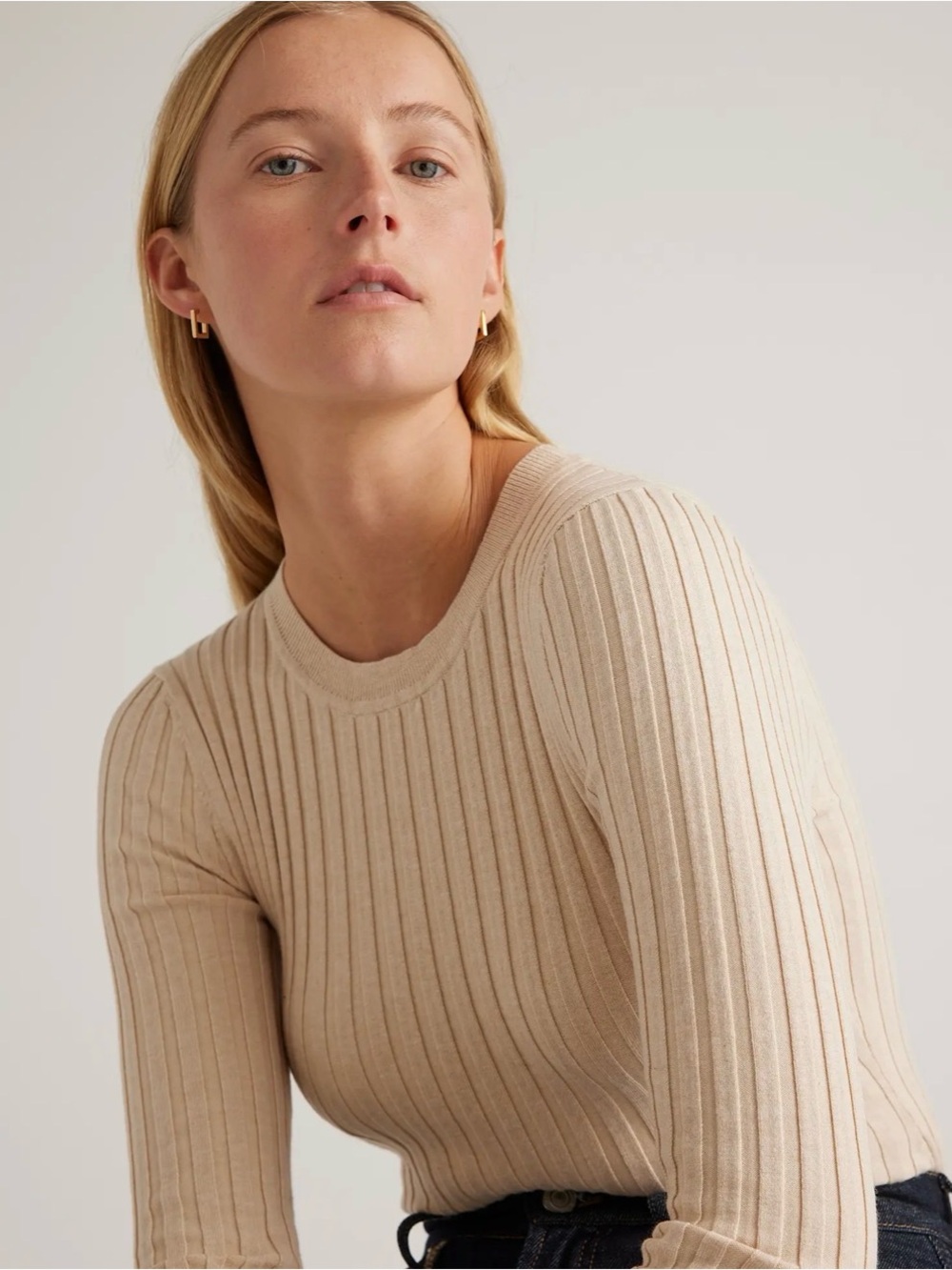 Quince Cotton Cashmere Ribbed Crewneck cream Sweater Quiet Luxury Minimalist